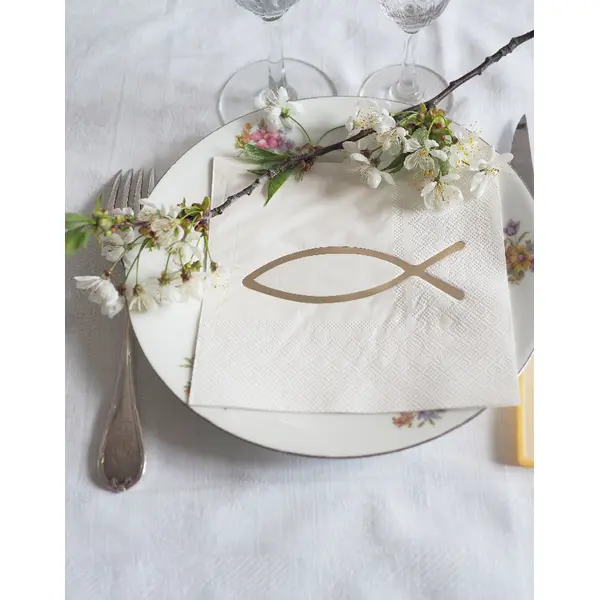 20 serviettes Ichthus – Blanc et or