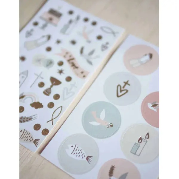 100 autocollants motifs cérémonies chrétiennes – Or et Pastel